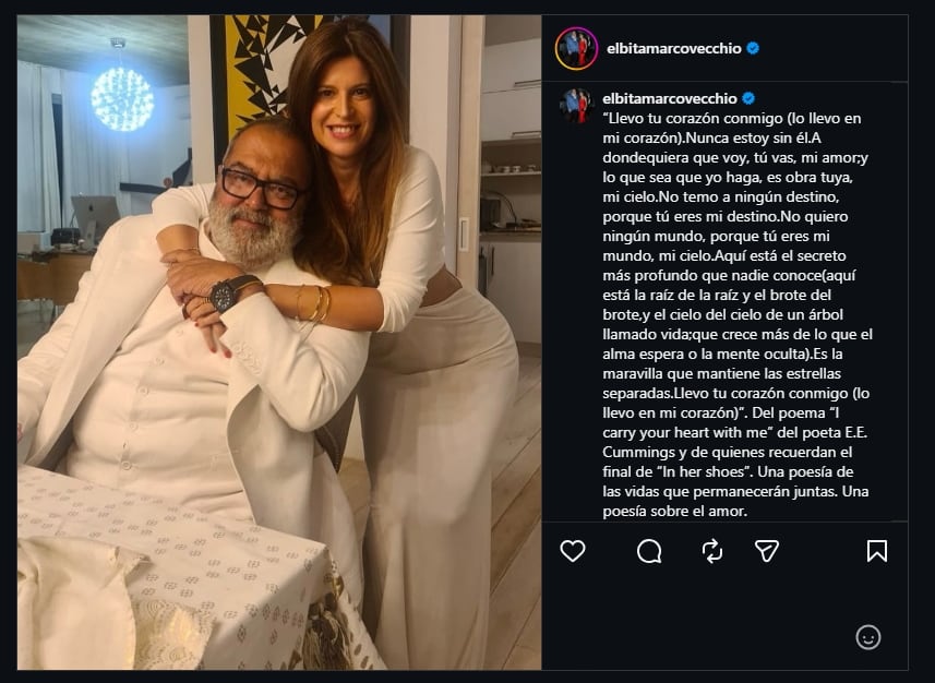 Elba Marcovecchio comparte un emotivo mensaje poético en redes sociales, recordando a Jorge Lanata junto a una fotografía de ambos.