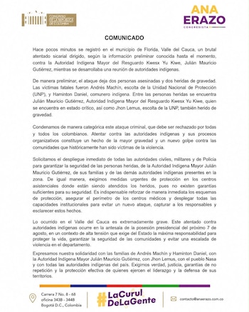La congresista Ana Erazo rechazó el ataque armado registrado contra autoridades indígenas de Florida, Valle del Cauca - crédito @AnaErazoR/X