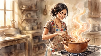 Ilustración acuarela: mujer joven con delantal bordado revuelve una olla sobre una estufa. Vapor se eleva de la olla. Fondo de cocina con una ventana.