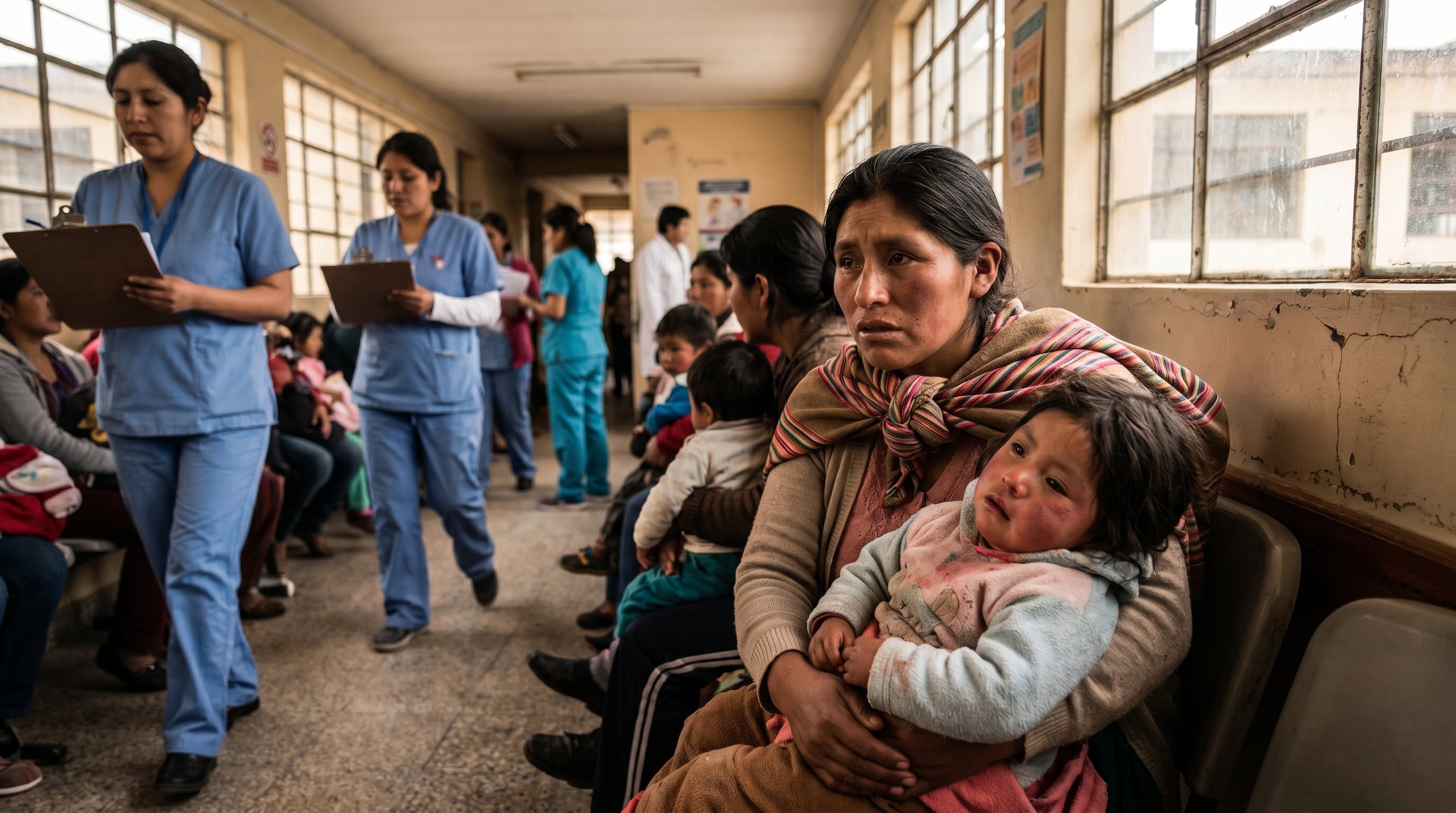 Una madre preocupada sostiene a su hijo con fiebre en una sala de espera de una clínica pediátrica abarrotada en Perú, reflejando los desafíos de la crisis de salud pública que afecta a la región. (Imagen Ilustrativa Infobae)