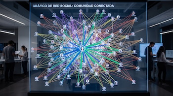 Una pantalla transparente muestra un gráfico de red social con nodos de personas, líneas de colores que representan conexiones y texto.