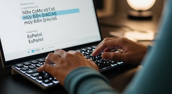 Primer plano de manos escribiendo en un teclado de ordenador portátil iluminado; la pantalla muestra texto en español con letras mayúsculas y minúsculas mezcladas.