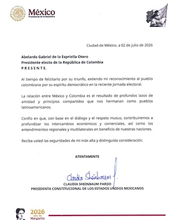 La presidenta de México, Claudia Sheinbaum, envió una carta al presidente electo de Colombia, Abelardo de la Espriella, en la que lo felicitó por su victoria electoral - crédito Presidencia de México