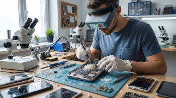 Un técnico con gafas de aumento y guantes blancos repara un smartphone mojado, extrayendo granos de arroz de sus componentes internos.