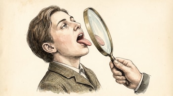 Ilustración detallada de un joven con la boca abierta y la lengua fuera, siendo examinada por una lupa sostenida por una mano, sobre un fondo claro.