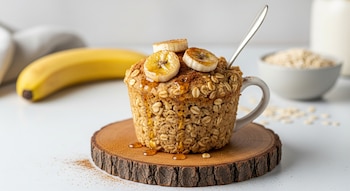 Primer plano de un mug cake de avena y plátano en una taza con una cuchara, sobre un posavasos de madera, rodeado de canela, miel, un plátano, avena en un bol y leche.