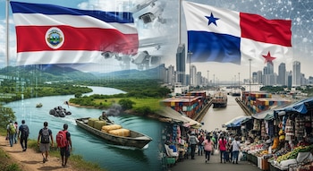 Collage con la bandera de Costa Rica sobre un río y personas, y la de Panamá sobre un puerto con barcos; incluye escenas de migración, narcotráfico y mercados.