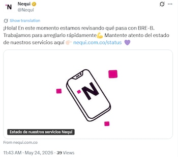 La app ha informado en sus redes sociales que se encuentran trabajando en el restablecimiento del servicio - crédito Nequi / Captura de pantalla