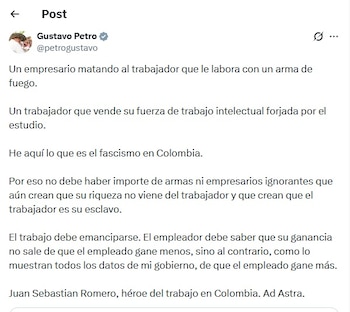 Petro compartió el mensaje la mañana del miércoles 22 de julio de 2026 - crédito @petrogustavo/X