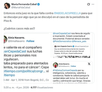 Cabal se refirió a la decisión judicial el miércoles 4 de junio de 2026 - crédito @MariaFdaCabal/X