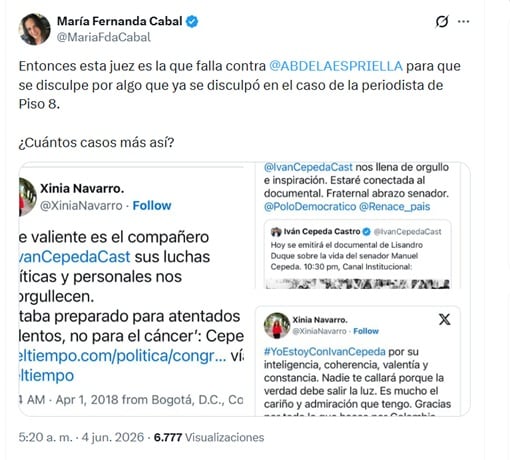 Cabal se refirió a la decisión judicial el miércoles 4 de junio de 2026 - crédito @MariaFdaCabal/X