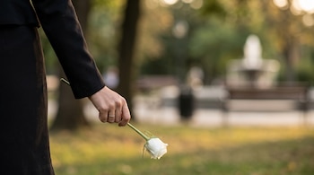 Mano de una persona vestida de negro que sostiene una rosa blanca hacia abajo en un parque con un banco y una fuente al fondo.