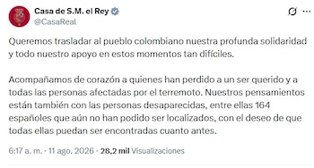El Consulado de España activa líneas para facilitar la localización de sus ciudadanos en las zonas afectadas en Colombia - crédito @CasaReal/X
