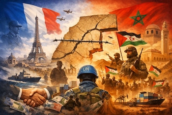 Banderas de Francia y Marruecos, Torre Eiffel, mezquita, soldados, casco de la ONU, alambre de púas, tierra agrietada, apretón de manos con dinero, buque y aviones.