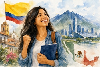 Ilustración en acuarela de una mujer con un cuaderno, la bandera de Colombia, el mapa de México y edificios frente a montañas.