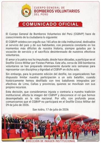 Logotipo CGBVP, comunicado oficial con texto. Fotografía de bomberos marchando con banderas de Perú. Fecha 17 de julio de 2026. Dirección de Imagen Institucional