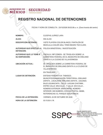 Ficha de detención Cleofas Juárez Lara Tabasco