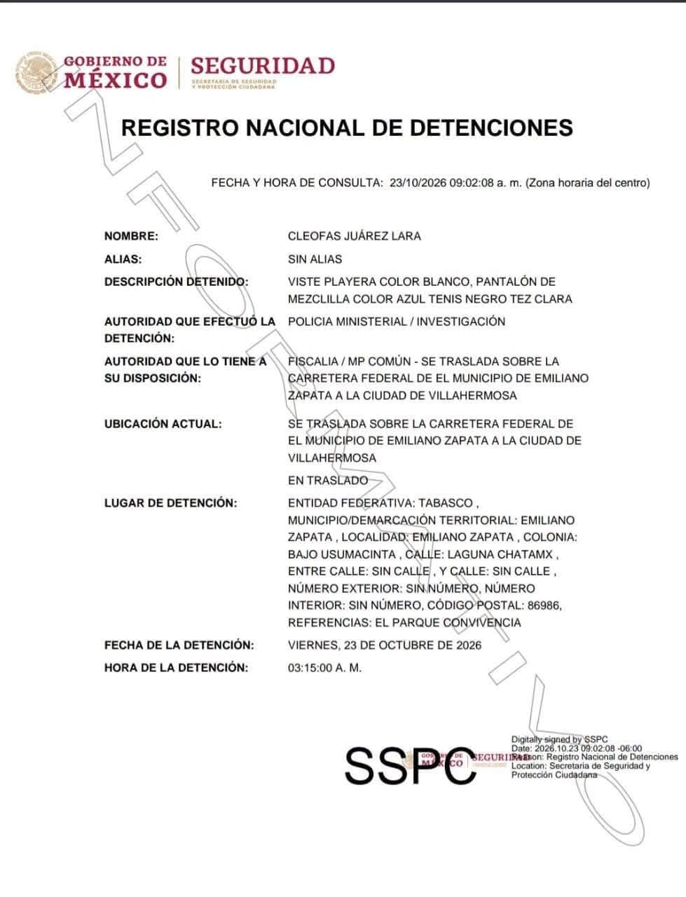 Ficha de detención de Cleofas Juárez Lara Tabasco (SSPC)