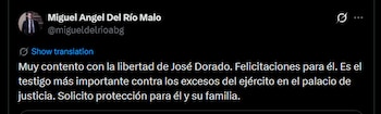 El abogado Miguel Ángel del Río celebró la libertad de Dorado y solicitó medidas de protección para él y su familia - crédito @migueldelrioabg/X