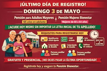 Ilustración de un hombre y dos mujeres sonriendo con tarjetas del Bienestar, junto a iconos de requisitos y un módulo de registro.