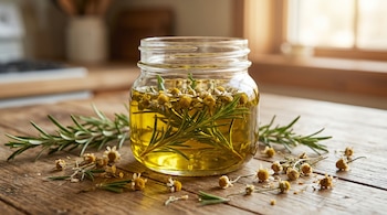 Primer plano de un frasco de vidrio con aceite de oliva, romero y flores de manzanilla secas, sobre una mesa de madera con hierbas esparcidas.