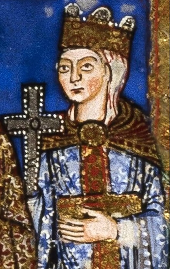 Representación de monarca con corona dorada, túnica azul y roja, broche dorado y una cruz gris con puntos blancos. Fondo azul