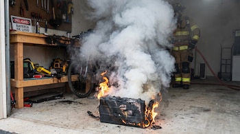 Imagen de un incendio de batería de litio en un garaje. Humo blanco denso y llamas anaranjadas emanan de una caja quemada en el suelo, con un bombero al fondo.