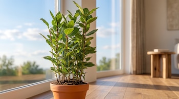 Planta de laurel verde en maceta de barro sobre suelo de madera junto a una gran ventana.