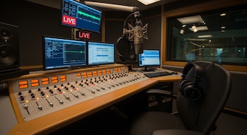 Vista de un estudio de radio vacío con una mesa de mezclas, monitores con gráficos de audio, micrófono de estudio y auriculares en una silla.