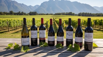 Ocho botellas de vino de varietales Bonarda, Cabernet Sauvignon, Pinot Noir, Merlot, Syrah y Petit Verdot en una mesa de madera, con un viñedo y montañas lejanas.