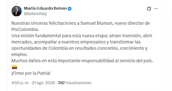 El abogado europeo Martín Eduardo Botero celebró el nombramiento de Samuel Bluman como director de ProColombia - crédito @boteroitaly/X
