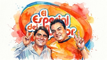 Ilustración de acuarela de dos hombres sonrientes haciendo la señal de la paz, con el logo 'El Especial del Humor' en un fondo abstracto de colores cálidos.