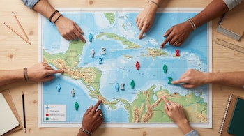 Mapa físico-político de Centroamérica y el Caribe, varias manos apuntan, íconos de siluetas humanas y relojes de arena, lápices, cuadernos, regla en mesa de madera.