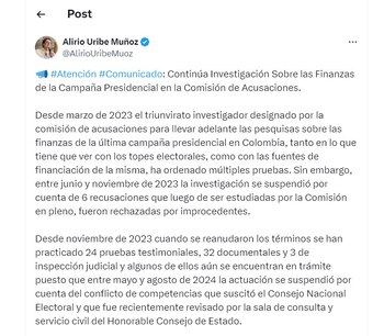 Representante Alirio Uribe compartió comunicado sobre investigación a campaña del presidente Petro - crédito @AlirioUribeMuoz