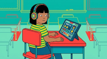 Ilustración digital pixelada de un niño con auriculares y camiseta a rayas, sentado en un pupitre rojo, mirando una tableta con interfaz de juego en un aula.
