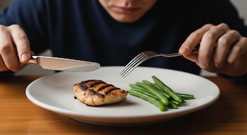 Primer plano de un plato blanco con pollo a la parrilla y judías verdes sobre una mesa de madera. Una persona sostiene un tenedor y un cuchillo.