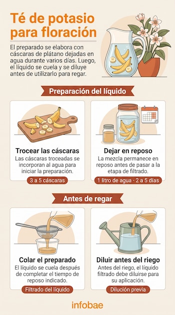 Infografía ilustrada sobre el proceso de elaboración de té de potasio en cuatro pasos con trozos de cáscara de plátano, frascos y regadera.
