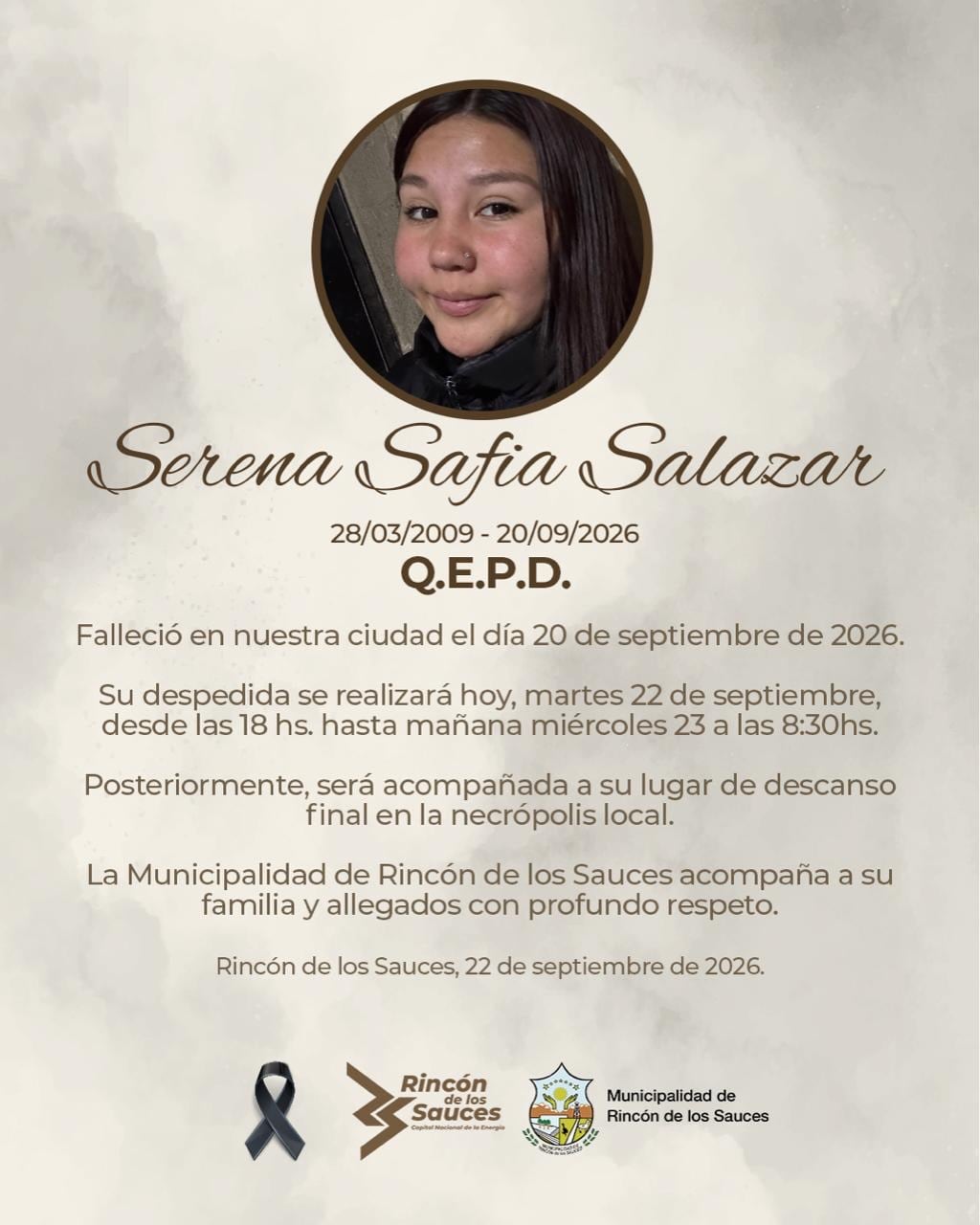 La Municipalidad de Rincón de los Sauces publicó un comunicado oficial para acompañar con respeto a los familiares.