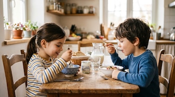 Una niña con camiseta a rayas y un niño con suéter azul comen yogur con cucharas sentados a una mesa de madera.