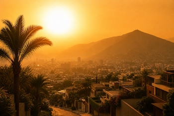 Una vista urbana de viviendas y cerros iluminados por una luz anaranjada intensa con una palmera a la izquierda.