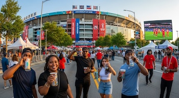 Múltiples personas bebiendo en la vía pública de Atlanta; detrás, un estadio de fútbol con pancartas de la Copa Mundial FIFA 2026 y una pantalla con un partido.