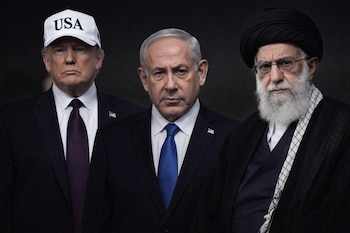 Primer plano de Donald Trump con gorra blanca "USA", Benjamin Netanyahu con traje azul, y Ali Khamenei con turbante negro y barba, todos con semblante serio.