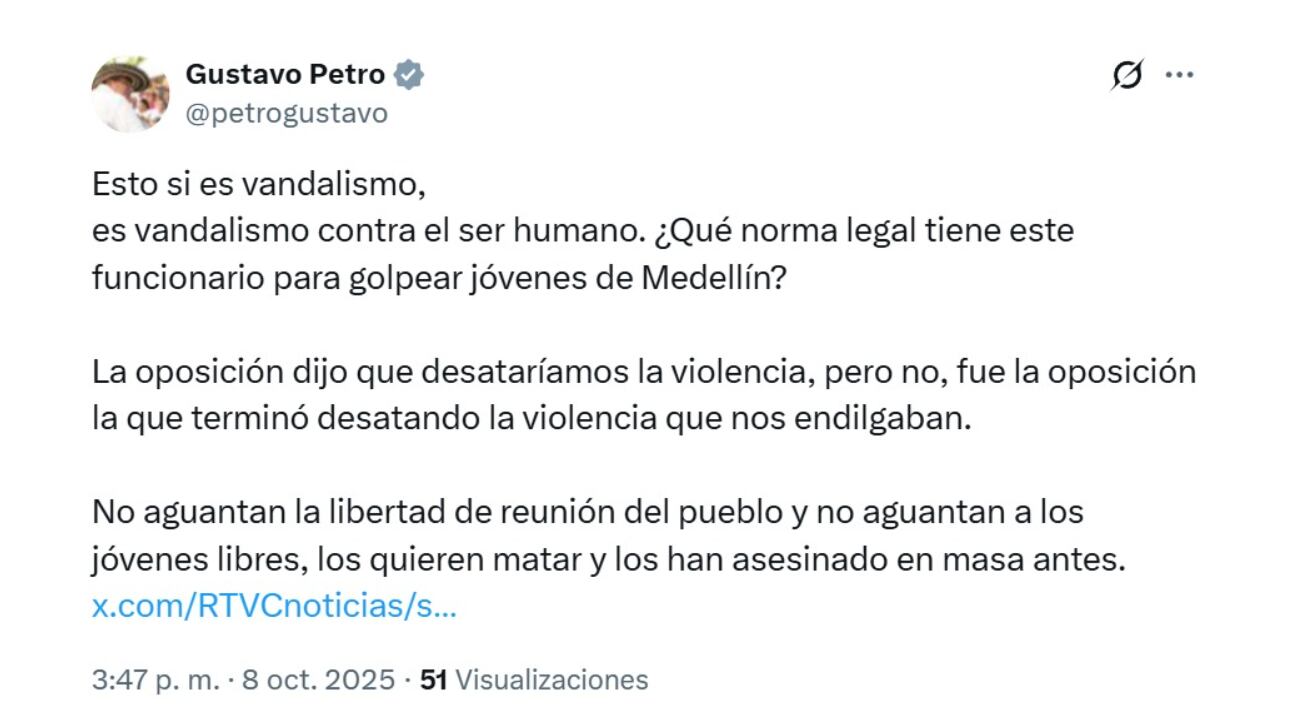 El presidente Gustavo Petro se pronunció sobre las agresiones a los manifestantes en Medellín, defendiendo su derecho a protestar - crédito @petrogustavo/X