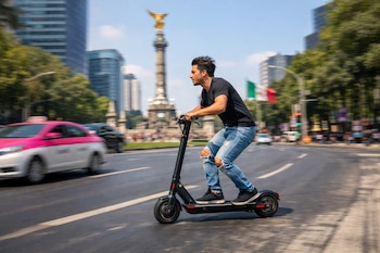 Joven en camiseta negra y jeans rotos montando un scooter eléctrico negro a alta velocidad en una avenida de la Ciudad de México, sin casco.