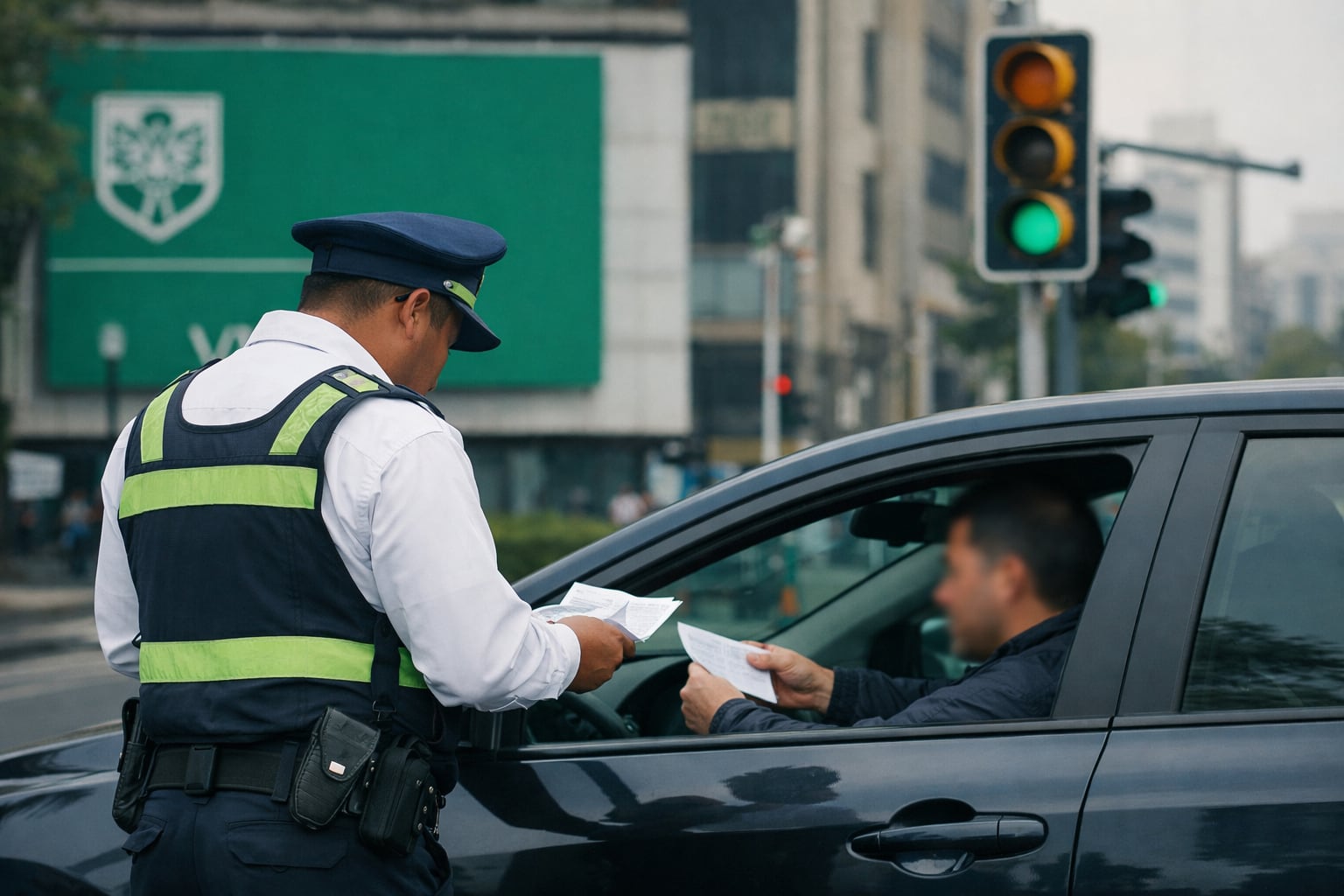 Un agente de tránsito en CDMX revisa documentos a un conductor dentro de un vehículo, con un letrero de Semovi y semáforos urbanos visibles al fondo, ilustrando un control vehicular rutinario. (Imagen Ilustrativa Infobae)