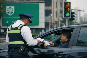 Un agente de tránsito con chaleco reflectante revisa documentos a un conductor dentro de un coche oscuro. Detrás, un letrero verde de Semovi y semáforos urbanos con luz verde.