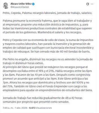 El expresidente de la República aseguró que las políticas del primer mandatario y el candidato presidencial del Pacto Histórico han parado la inversión y la generación de empleo de calidad en el país - crédito @AlvaroUribeVel/X