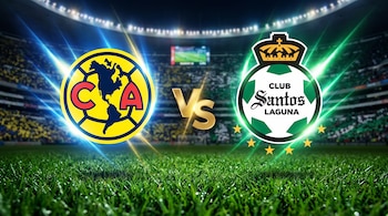 Escudo del Club América y escudo del Club Santos Laguna con un "Vs" dorado, sobre césped de un estadio iluminado con luces de colores.