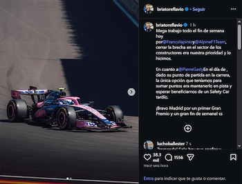 Captura de pantalla de una publicación de Instagram con un automóvil rosa y azul de Fórmula 1 y un texto de la cuenta de briatoreflavio
