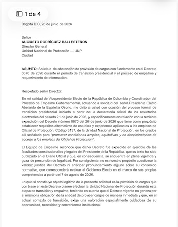 Solicitud de José Manuel Restrepo al director de la UNP - crédito @jrestrp/X